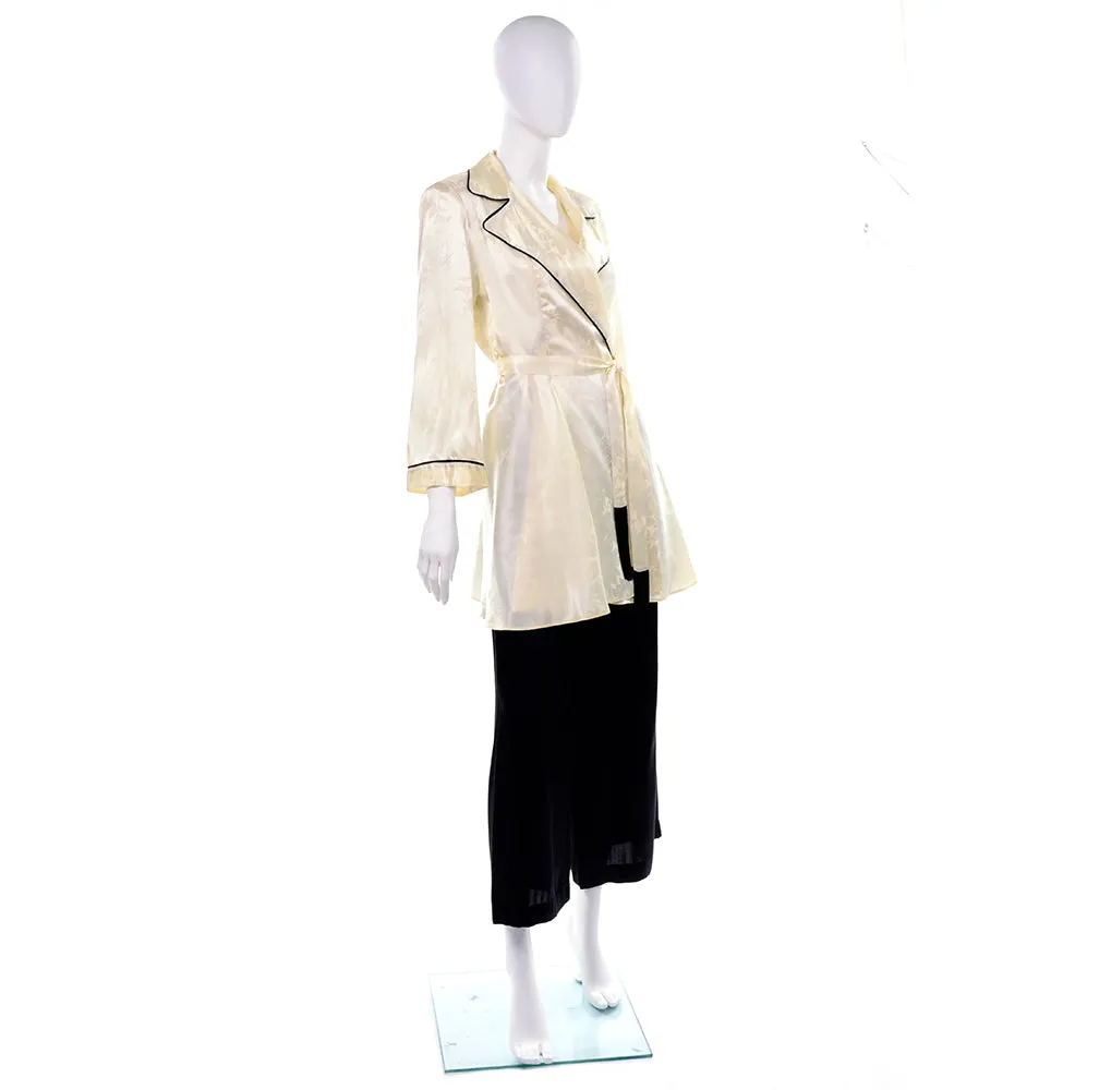 1940's Ivory Botanical Silk Jacket w/ Black Wide Leg Pants