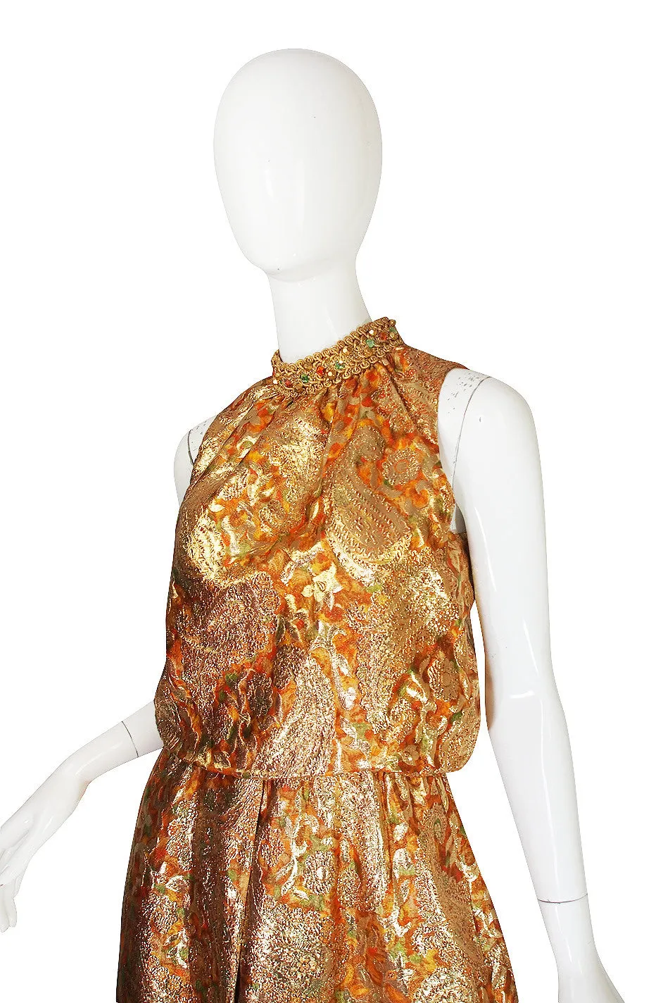 1960s Gold Beaded & Silk Brocade Organza Jumpsuit