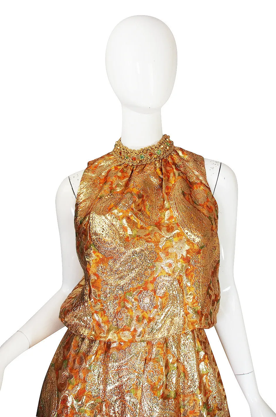 1960s Gold Beaded & Silk Brocade Organza Jumpsuit