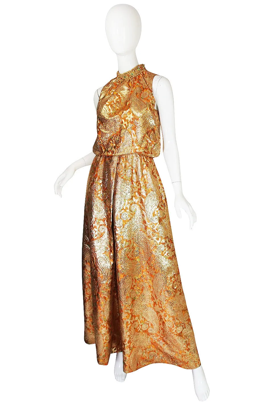 1960s Gold Beaded & Silk Brocade Organza Jumpsuit