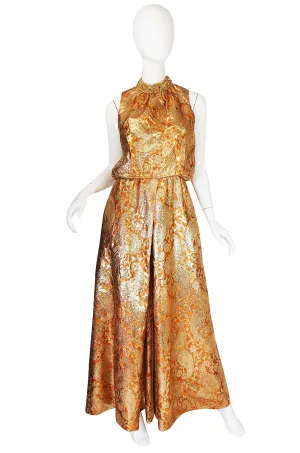 1960s Gold Beaded & Silk Brocade Organza Jumpsuit