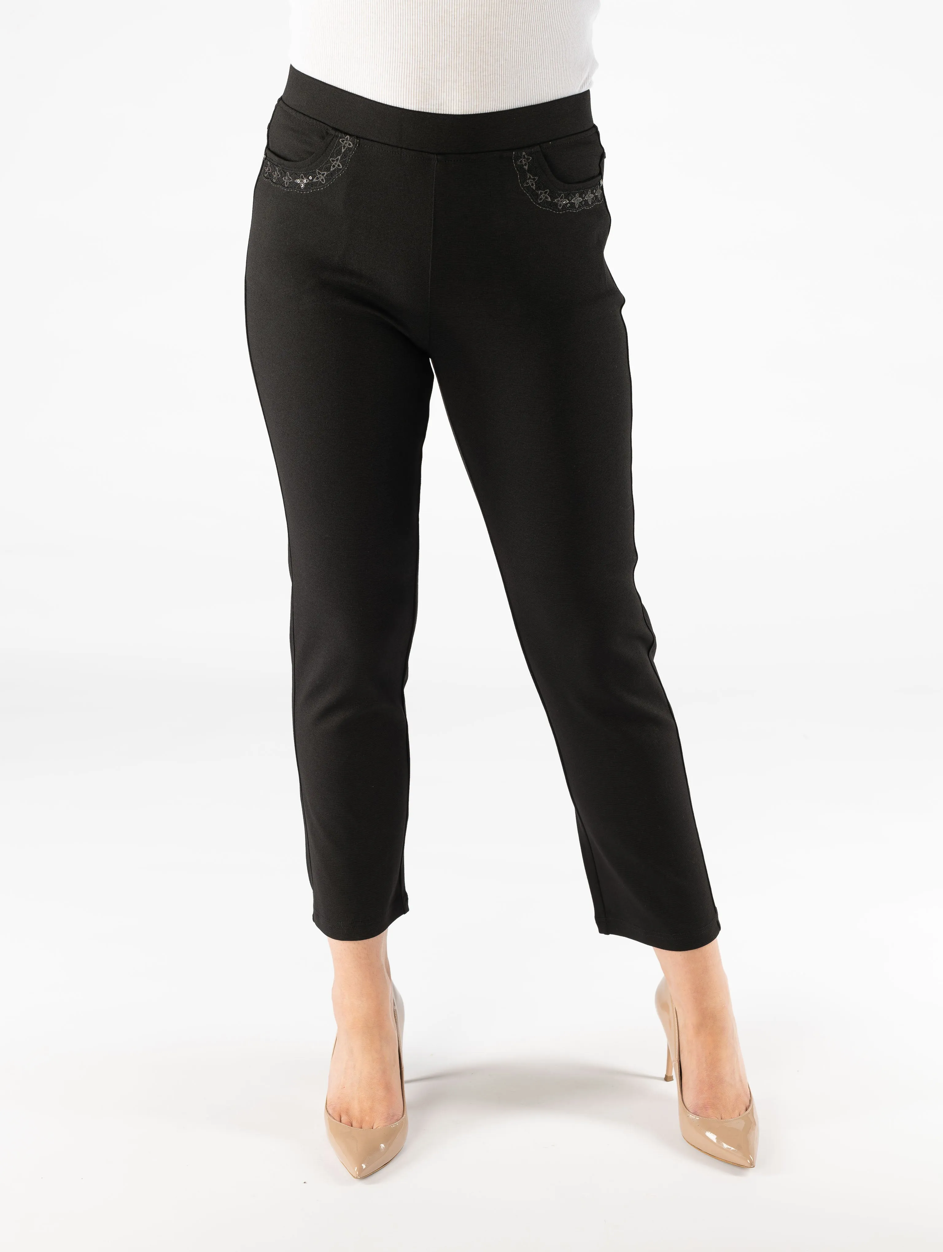 27" Leg embroidered detail Trouser- Black