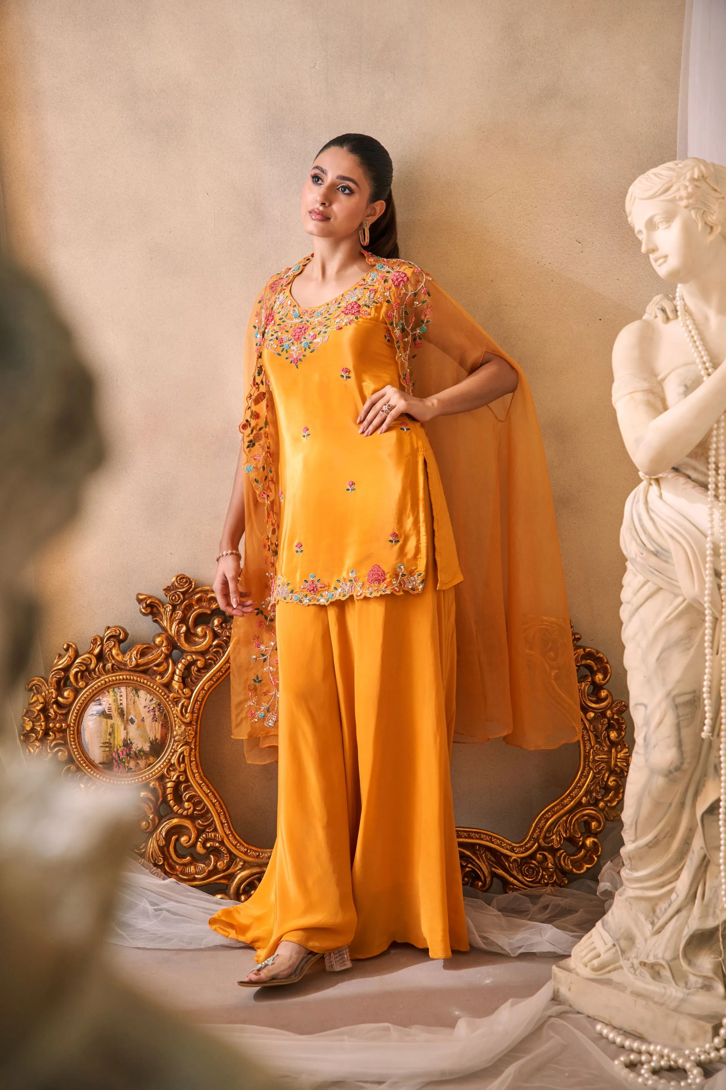 Amber Yellow Embellished Premium Silk Cape Set