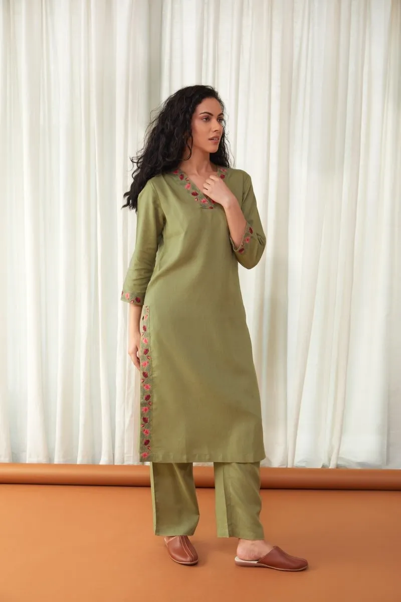 Bay Leaf Green Linen Kurta with Farshi Pants