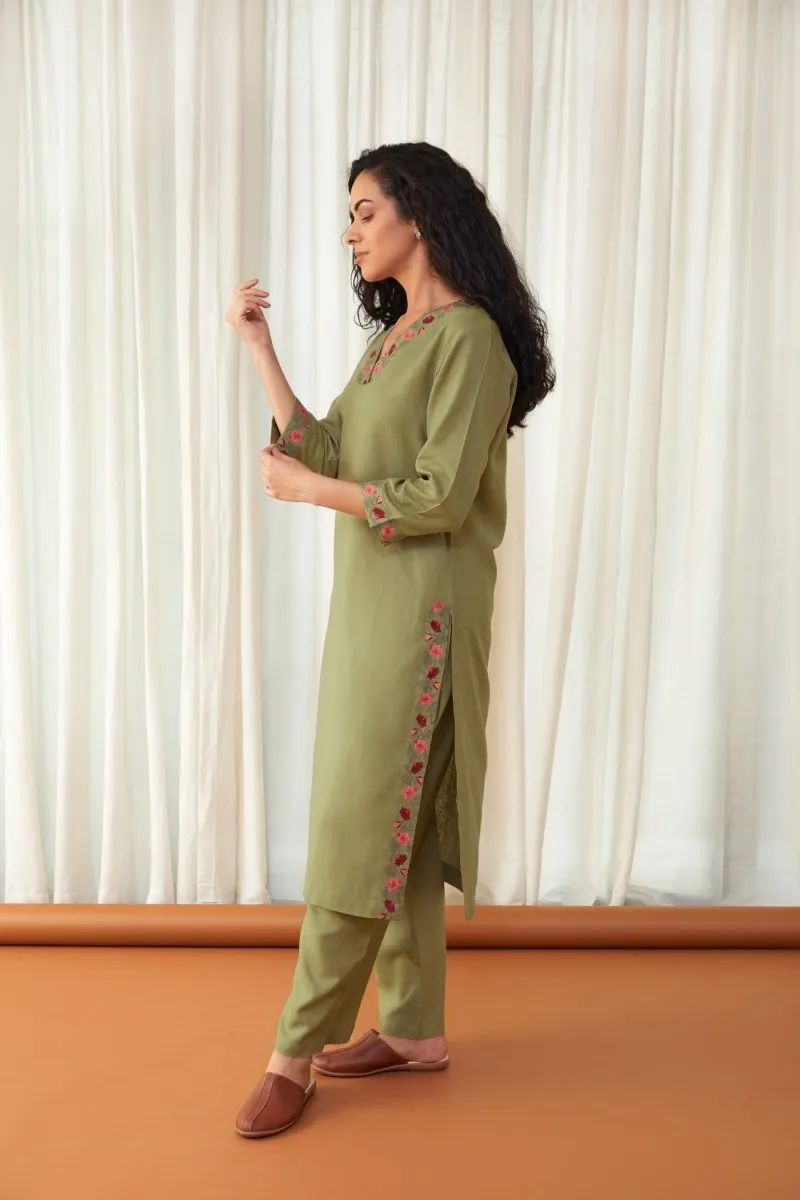 Bay Leaf Green Linen Kurta with Farshi Pants