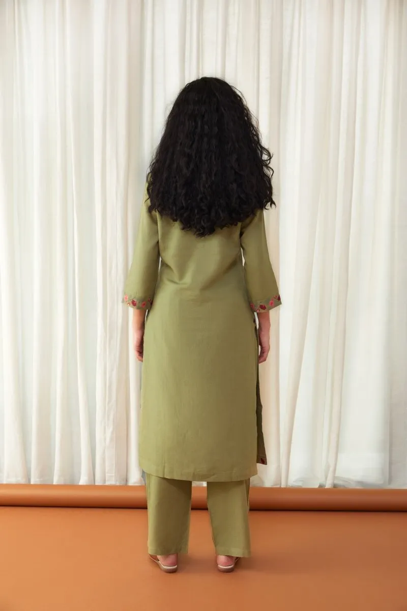 Bay Leaf Green Linen Kurta with Farshi Pants