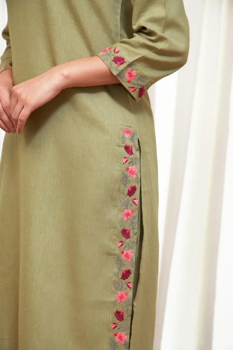 Bay Leaf Green Linen Kurta with Farshi Pants