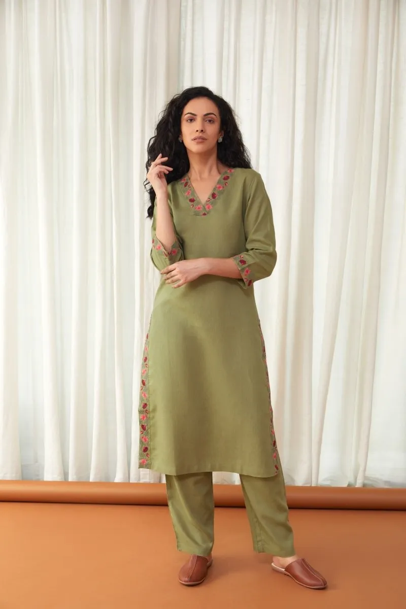 Bay Leaf Green Linen Kurta with Farshi Pants