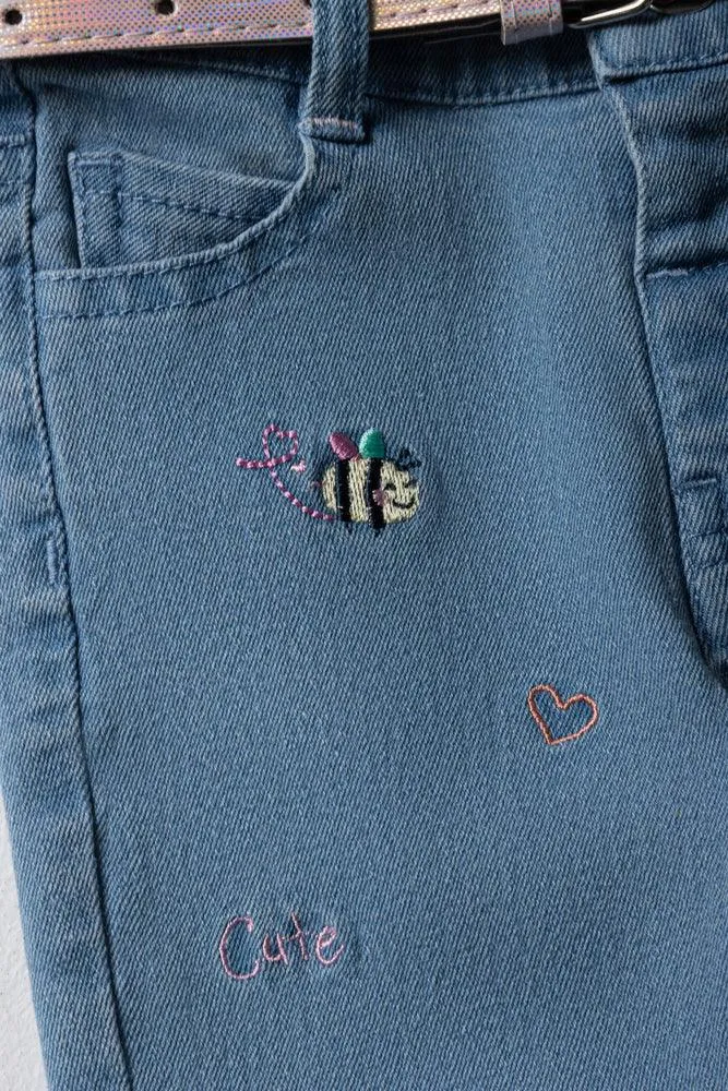 Belted Denim Trouser Embroidered Mid Blue