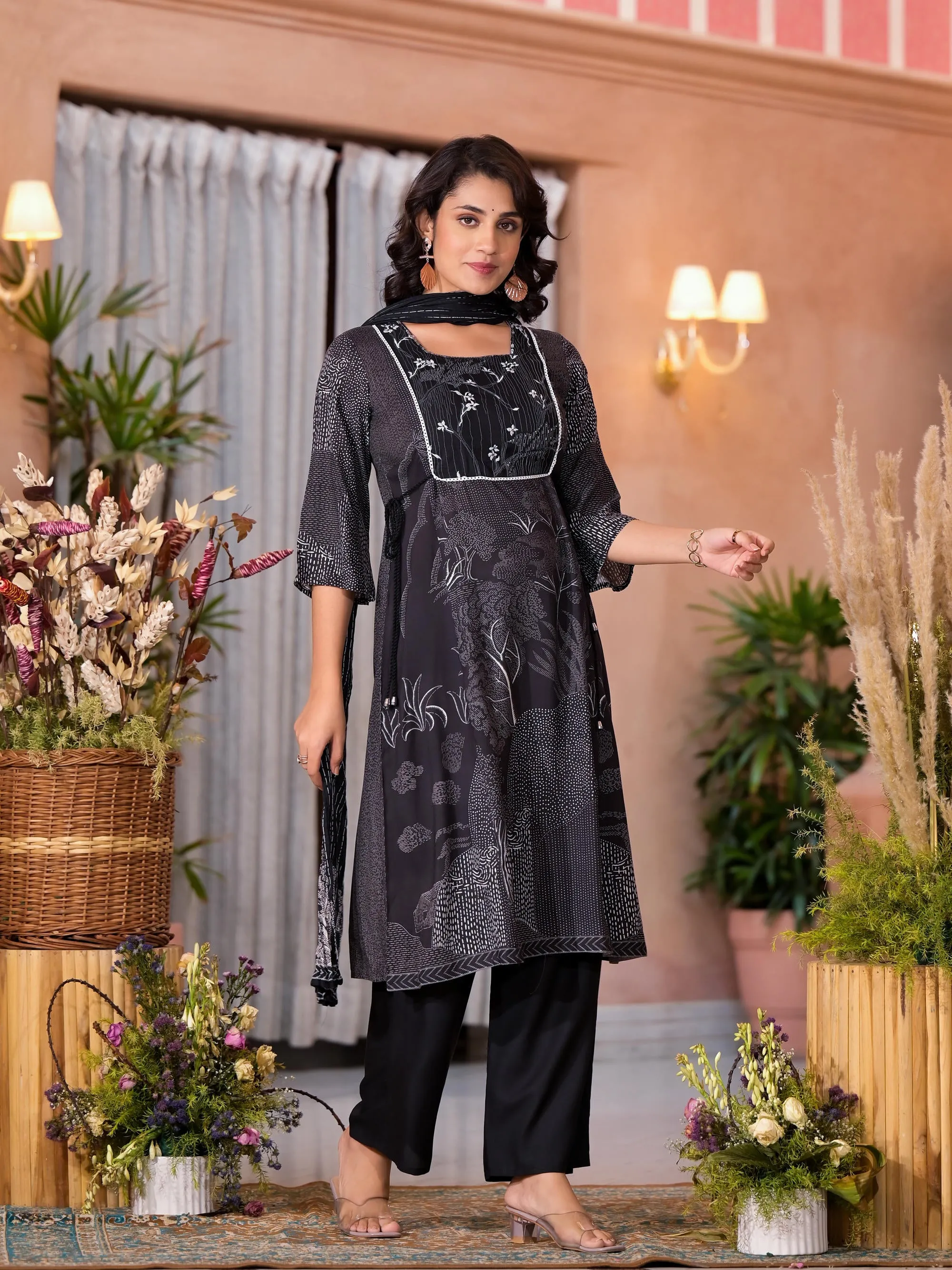 Black Abstract Printed Liva Rayon Kurta Pant And Dupatta Set With Sequins & Thread Work