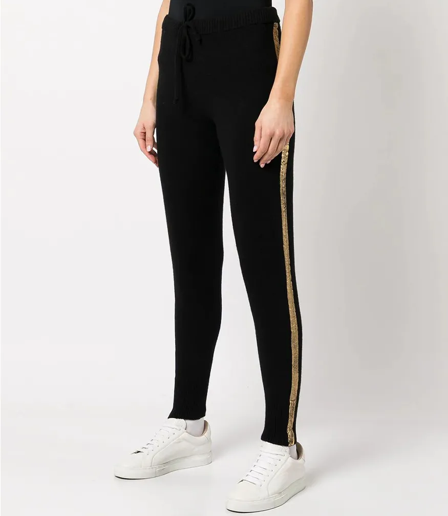 Black Cashmere Sweat Pants W/ Gold Laminated Bands