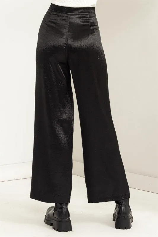 Black Set To Love Satin High-Waist Wide Leg Pants