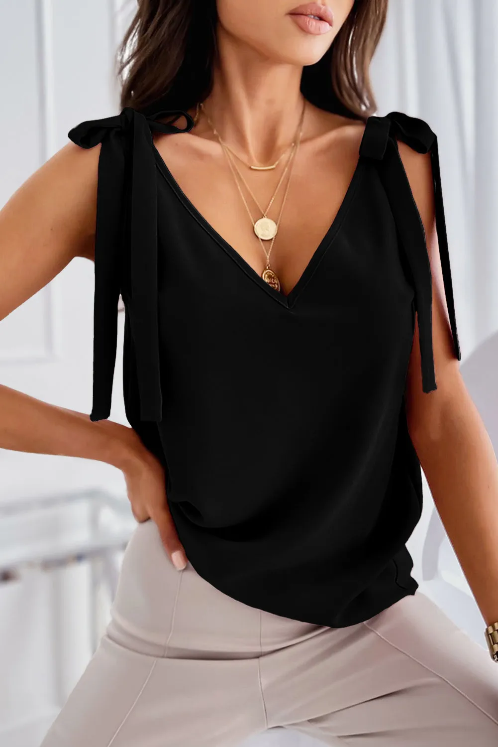 Bow Shoulder V-Neck Tank Top