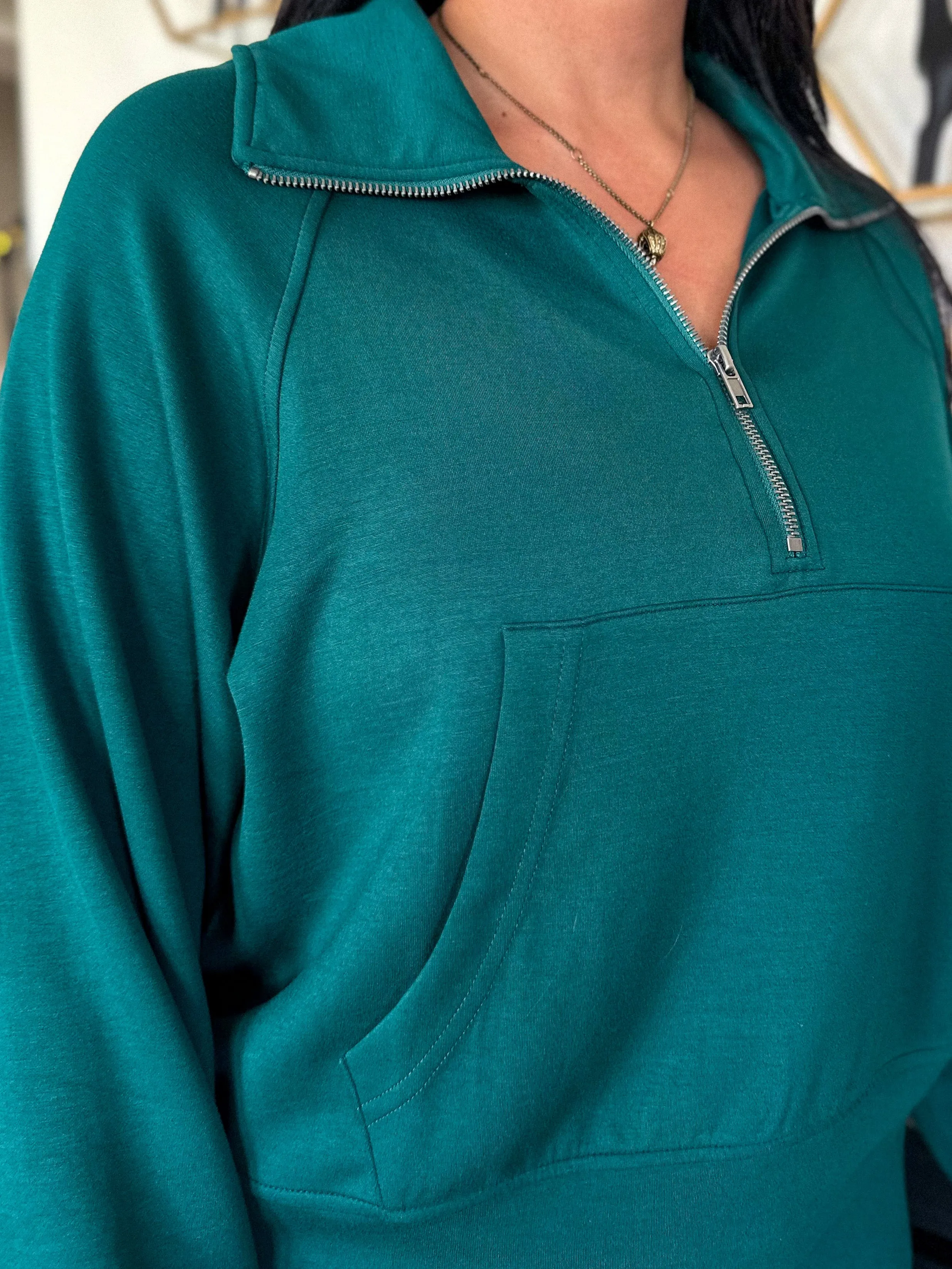 Buttery Soft Zip-Up Collar Pullover - Dark Teal