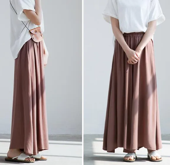 Coffee-Summer Cotton Women Wide Legs Pants