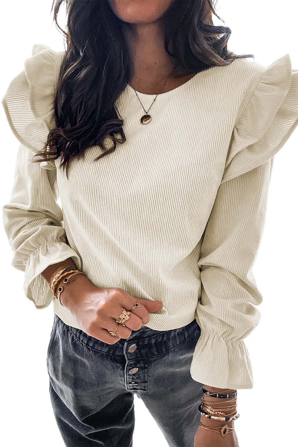 Corduroy Ruffle Flounce Sleeve Blouse