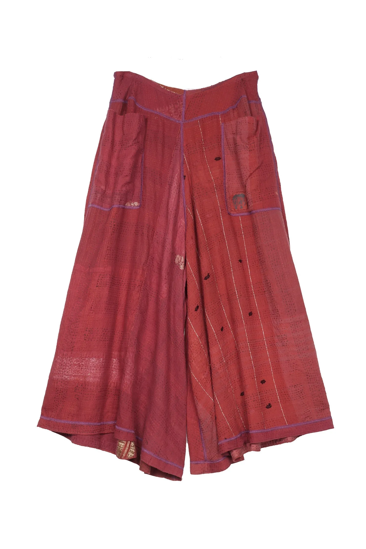 COTTON SILK SW PATCH KANTHA WIDE LEG SHORT PANTS - ws2624-red -