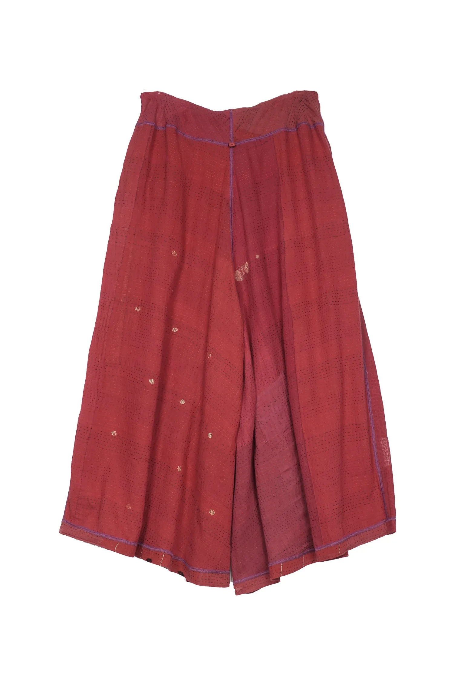 COTTON SILK SW PATCH KANTHA WIDE LEG SHORT PANTS - ws2624-red -