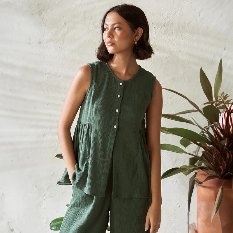 Cotton Solid Co Ord Set For Women | Top & Pant | Sleeveless Top | Leafy Green