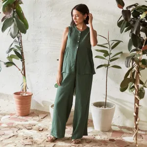 Cotton Solid Co Ord Set For Women | Top & Pant | Sleeveless Top | Leafy Green