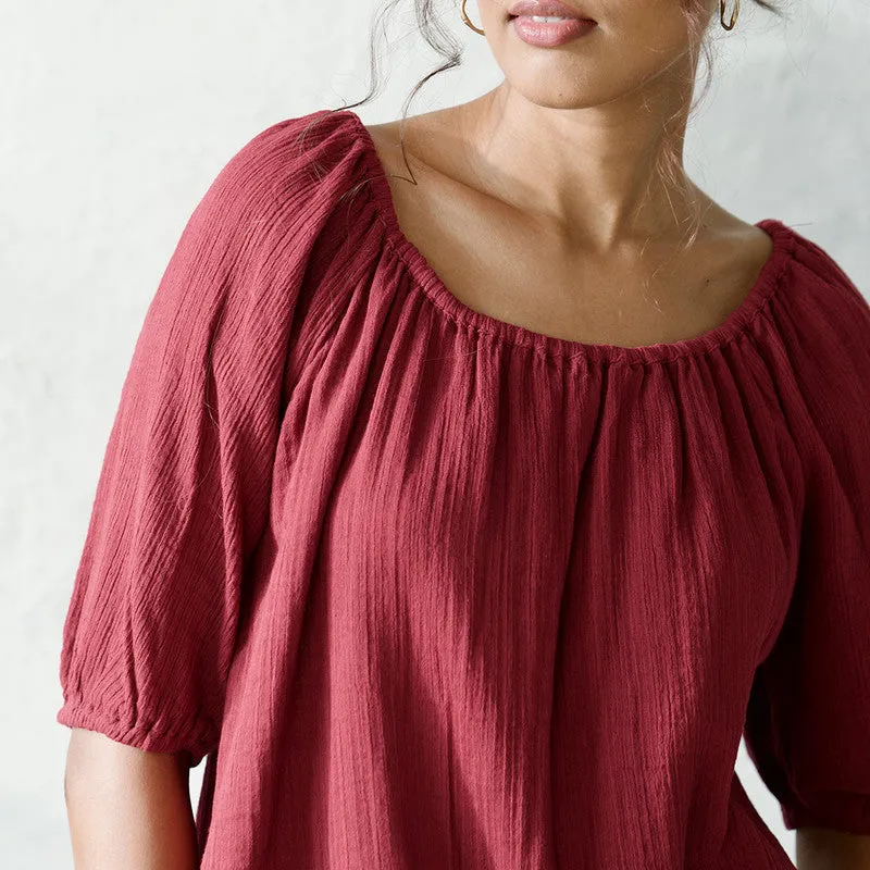 Cotton Solid Top For Women | Relaxed Fit | Off Shoulder | Red