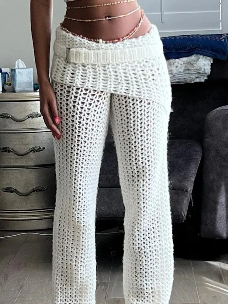 Crochet Irregular Women 2 Piece Set Tank Tops Belt Skirt Pants*