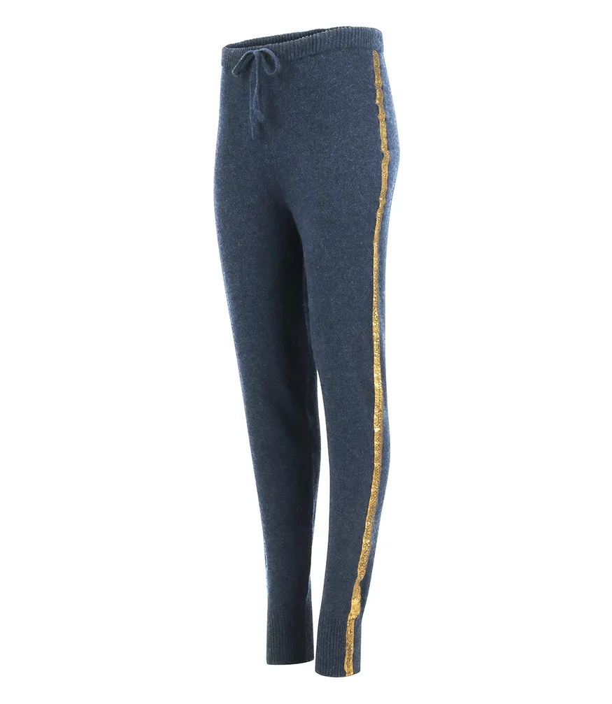 Denim Cashmere Sweat Pants W/ Gold Laminated Bands