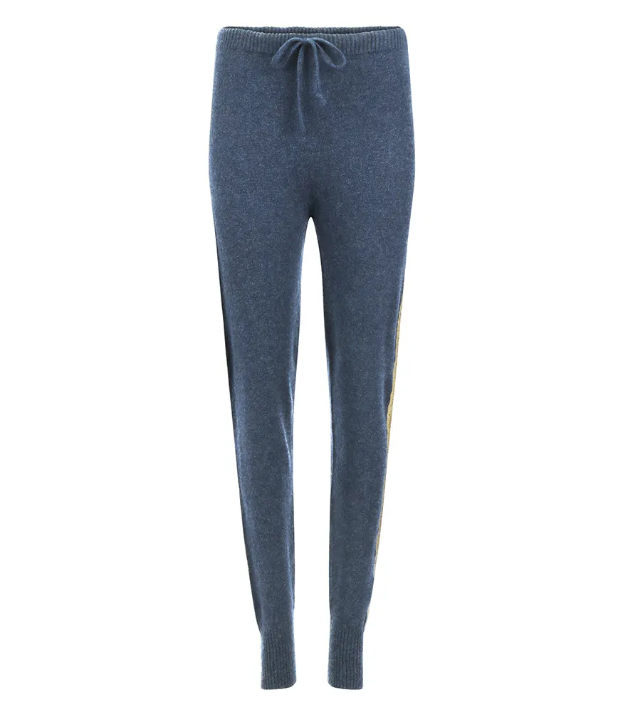 Denim Cashmere Sweat Pants W/ Gold Laminated Bands