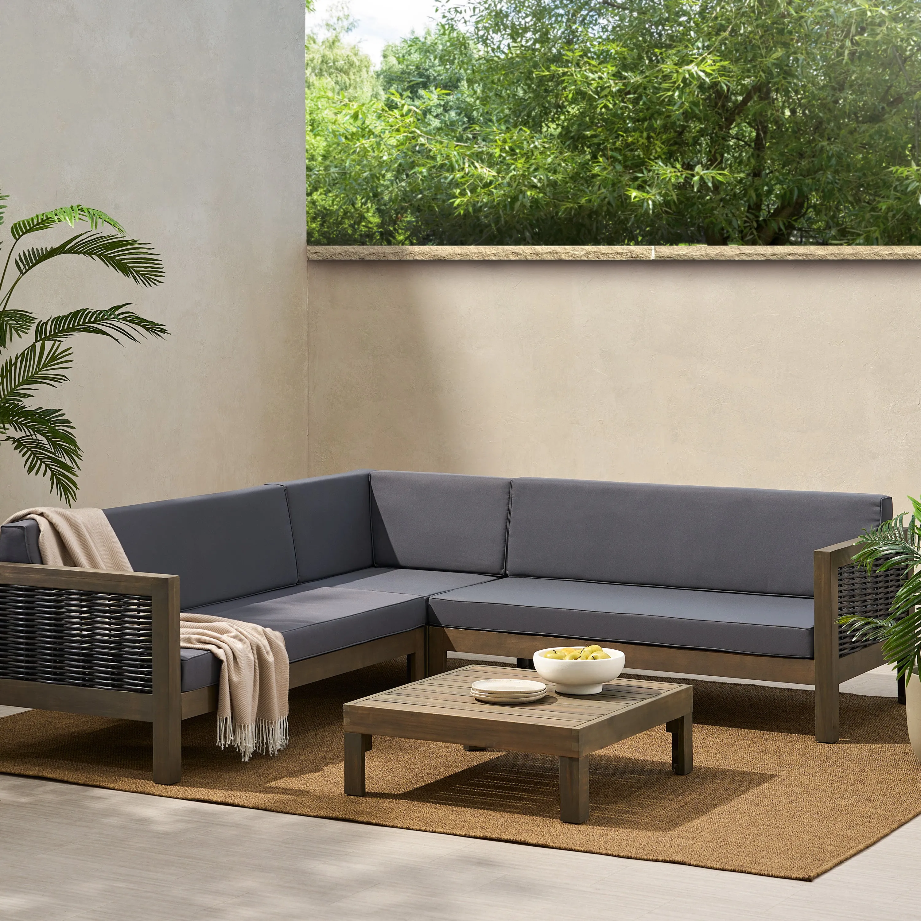 Elizabeth Outdoor Wood and Wicker 5 Seater Sectional Sofa and Coffee Table Set