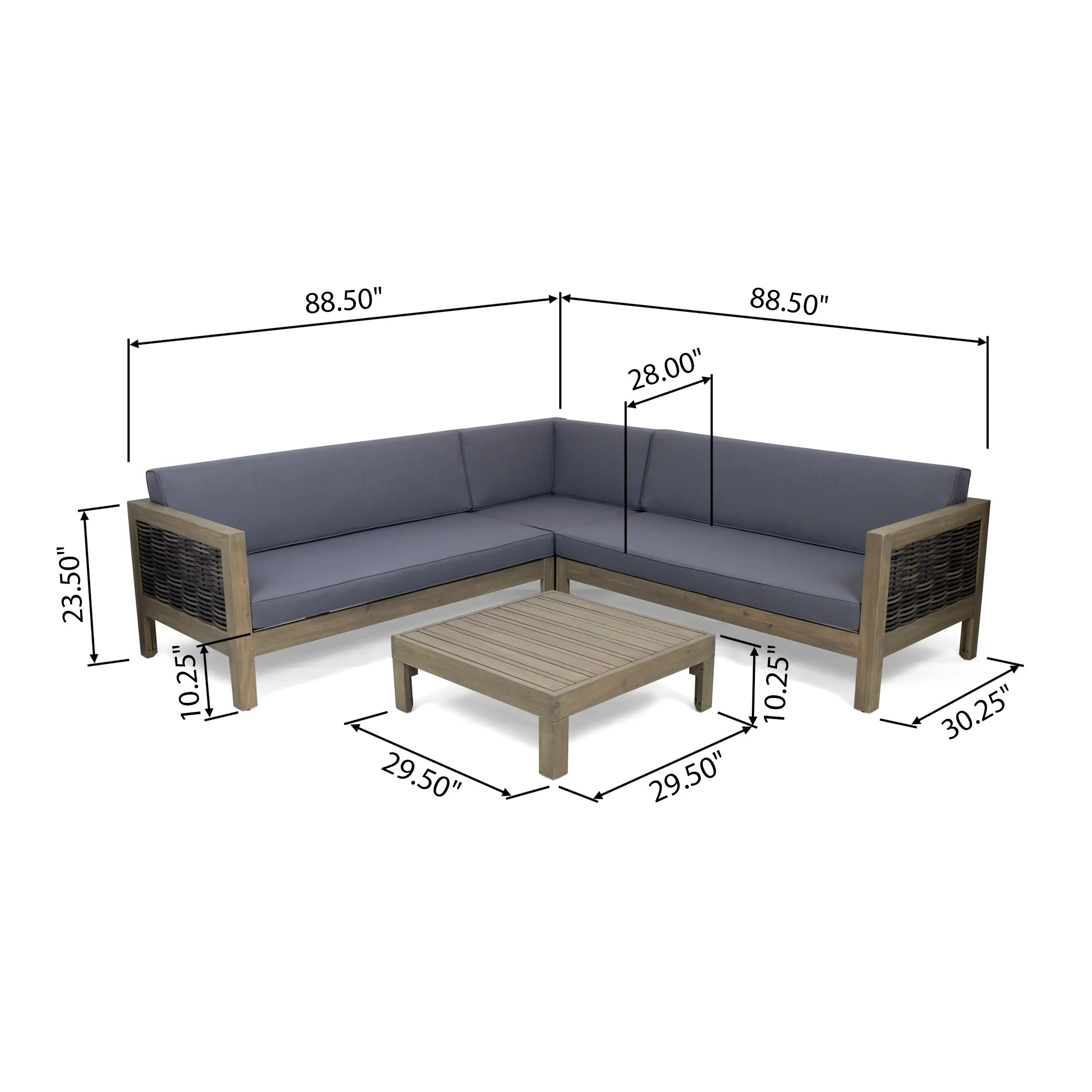 Elizabeth Outdoor Wood and Wicker 5 Seater Sectional Sofa and Coffee Table Set