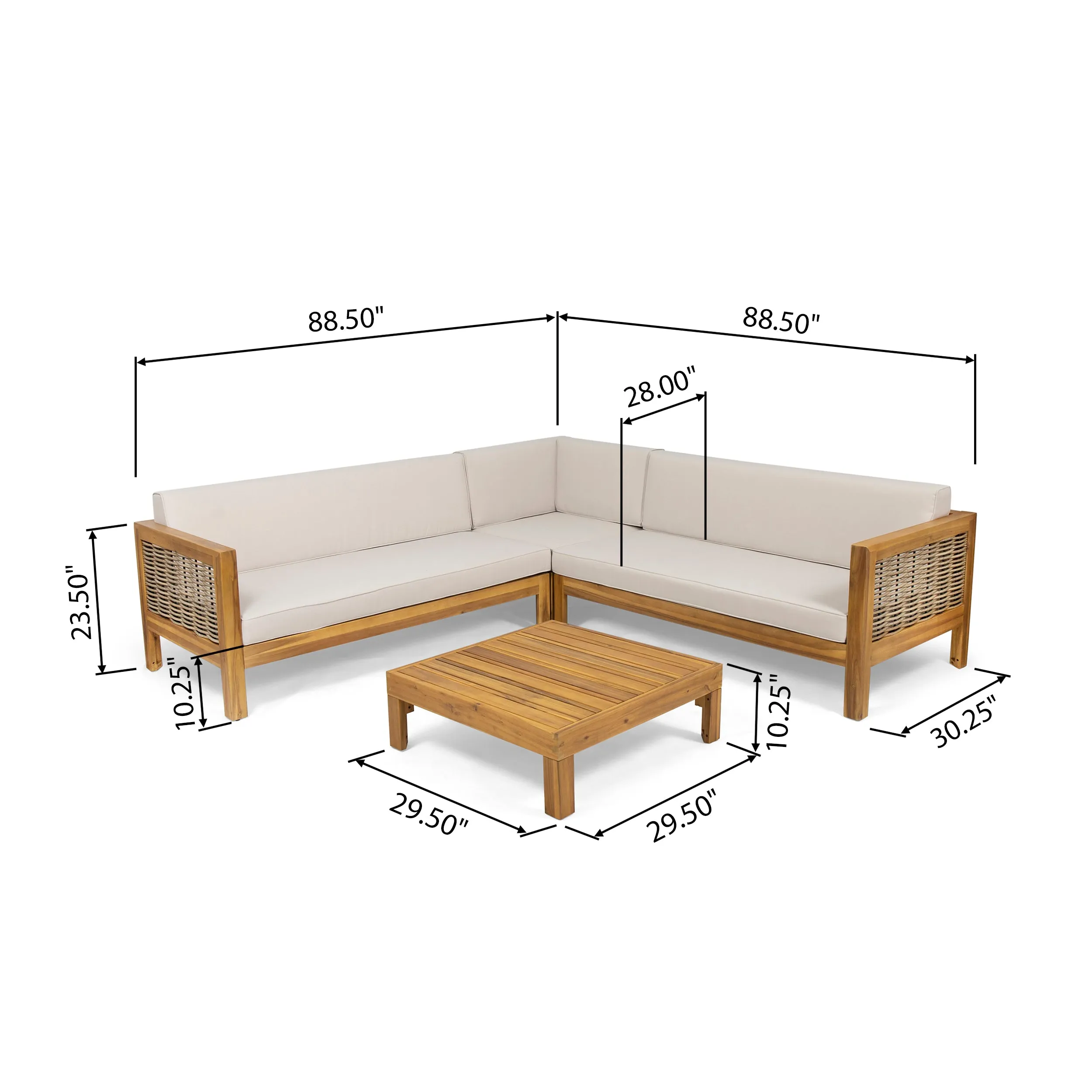 Elizabeth Outdoor Wood and Wicker 5 Seater Sectional Sofa and Coffee Table Set