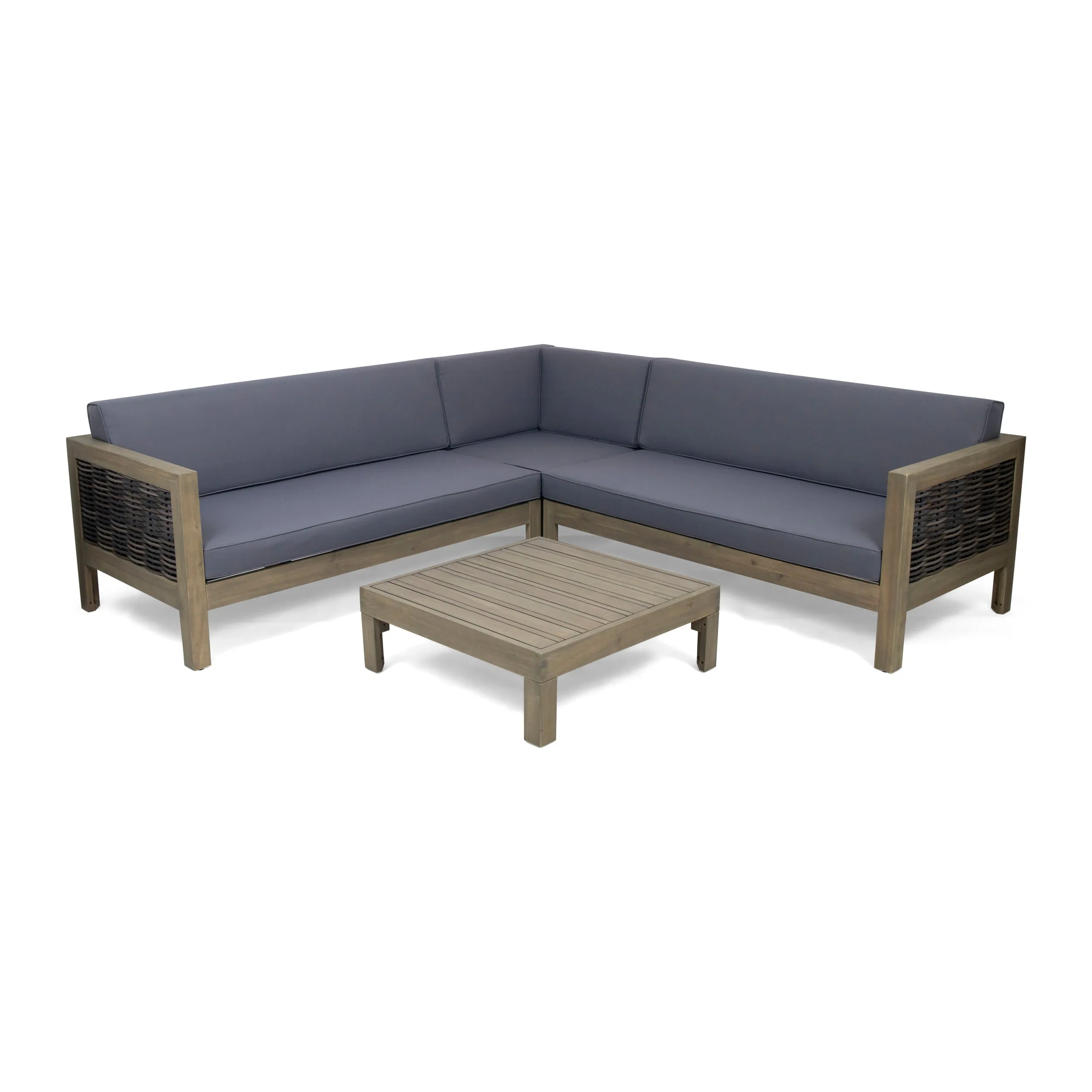 Elizabeth Outdoor Wood and Wicker 5 Seater Sectional Sofa and Coffee Table Set