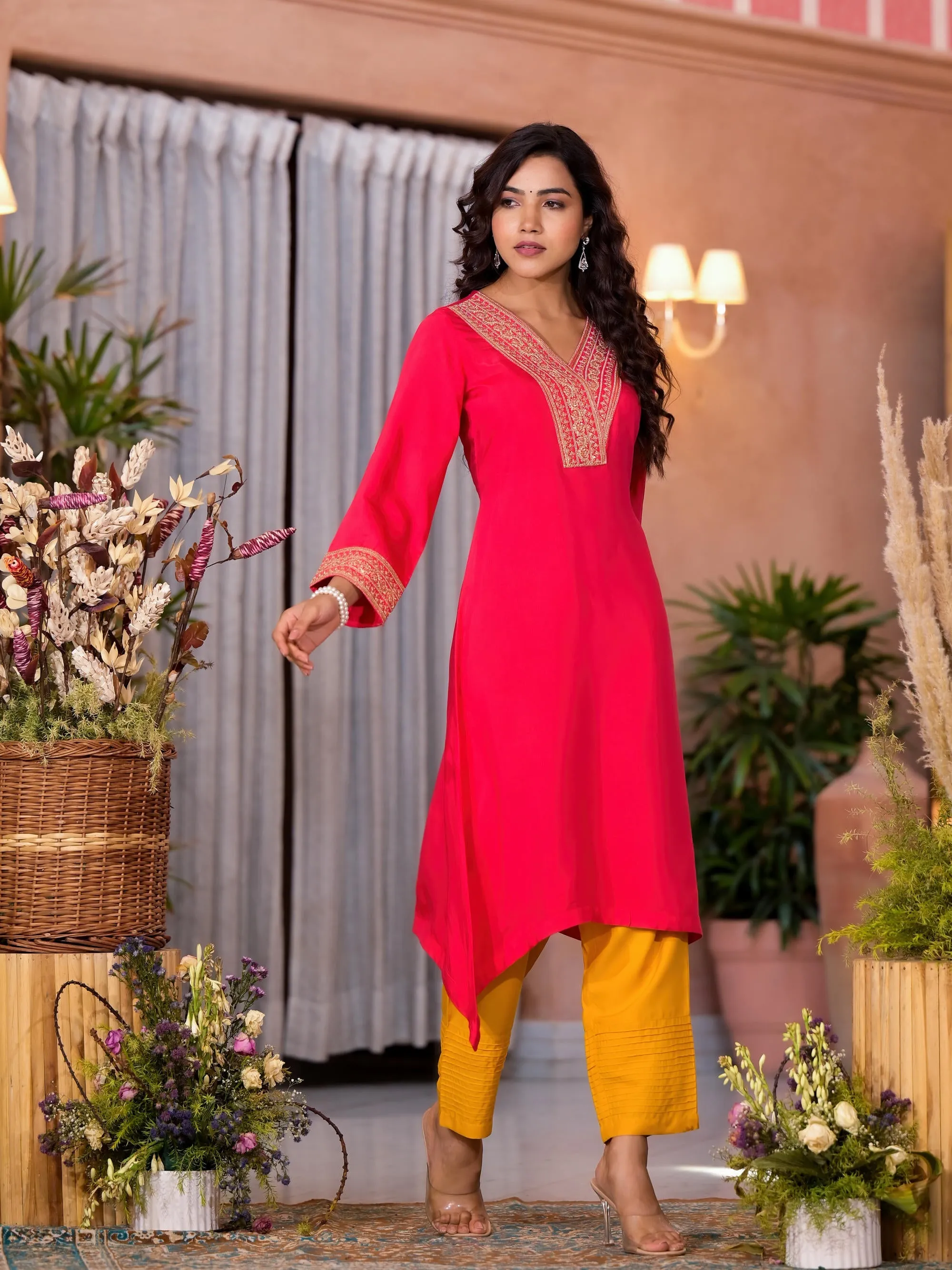 Fuchsia Zari Embroidered Viscose Kurta & Pant Set With Sequins