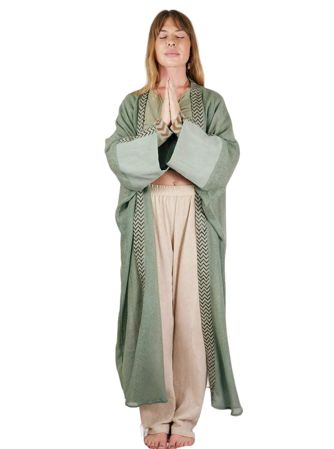 Green Sage Organic Cotton Mesh Long Kimono