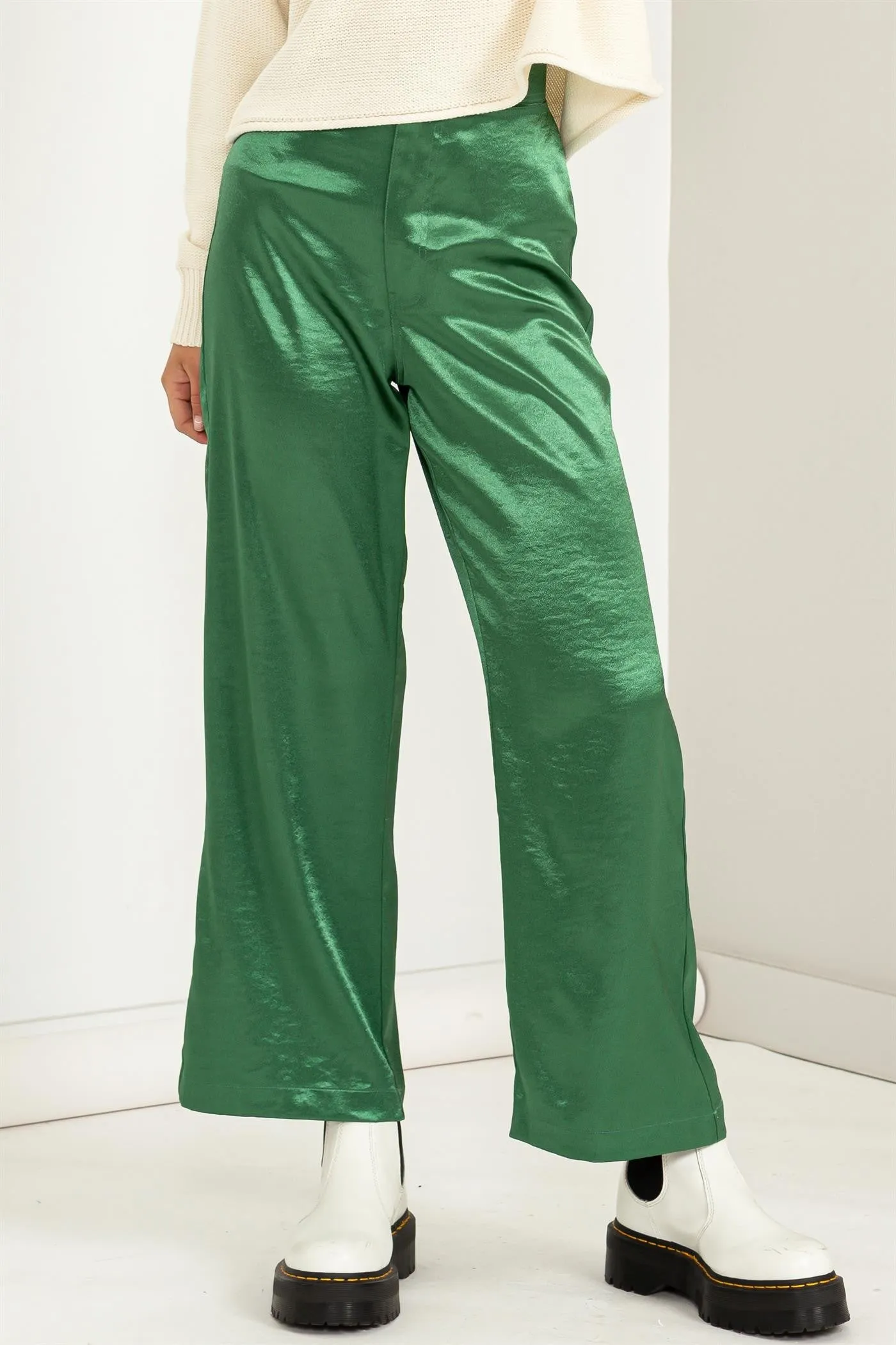 Green Set To Love Satin High-Waist Wide Leg Pants