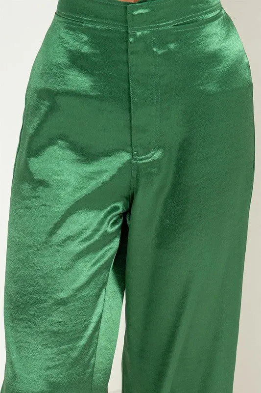 Green Set To Love Satin High-Waist Wide Leg Pants