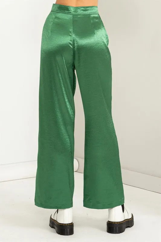 Green Set To Love Satin High-Waist Wide Leg Pants