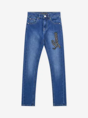 Guess Girls Diamante Logo Skinny Jeans in Blue