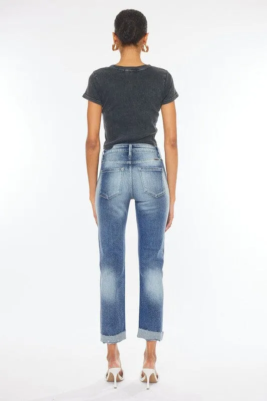 High Rise Cuffed Slim Straight Jeans