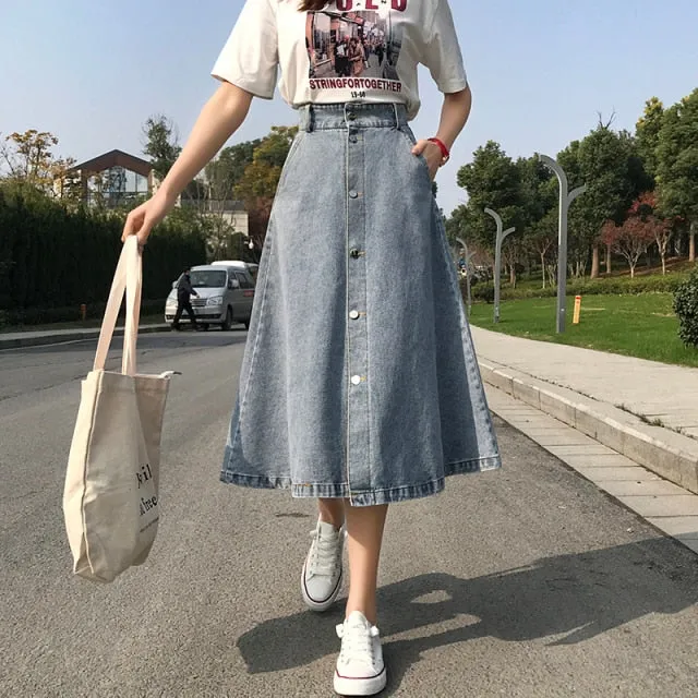 High Waist Denim Skirt Streetwear A-Line Long Skirts For Women