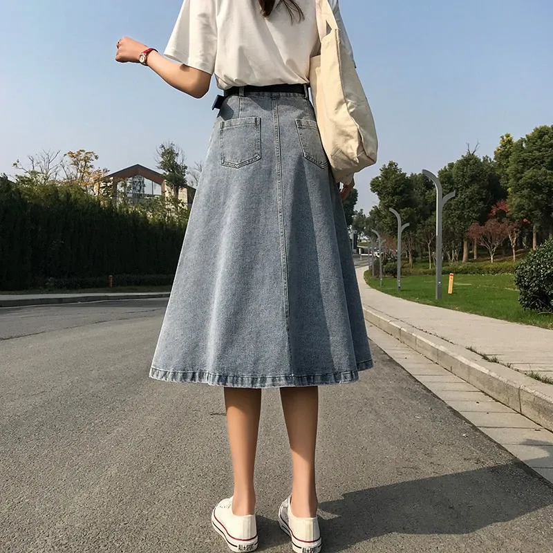 High Waist Denim Skirt Streetwear A-Line Long Skirts For Women