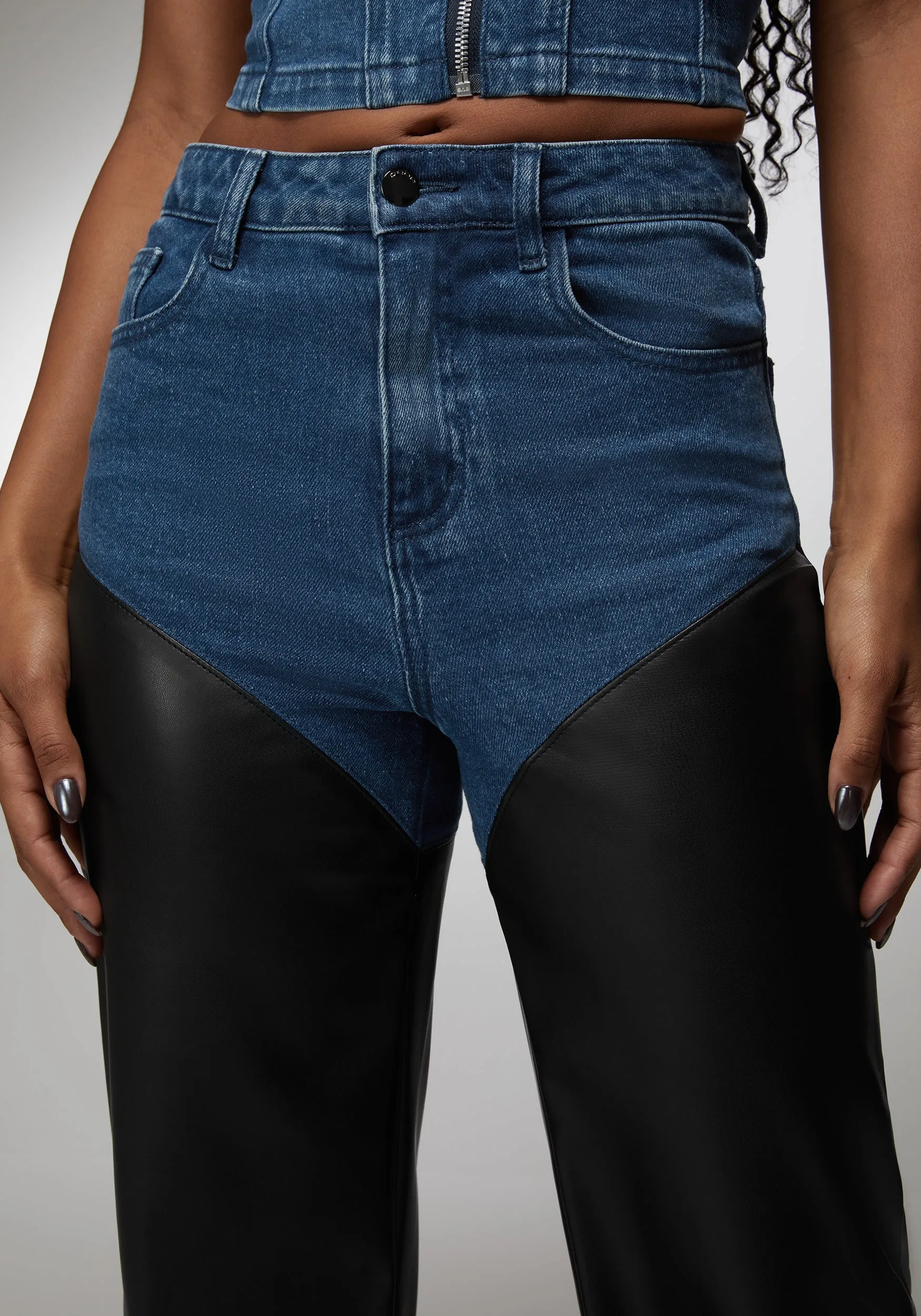 High Waist Vegan Leather Combo Wide Leg Jean