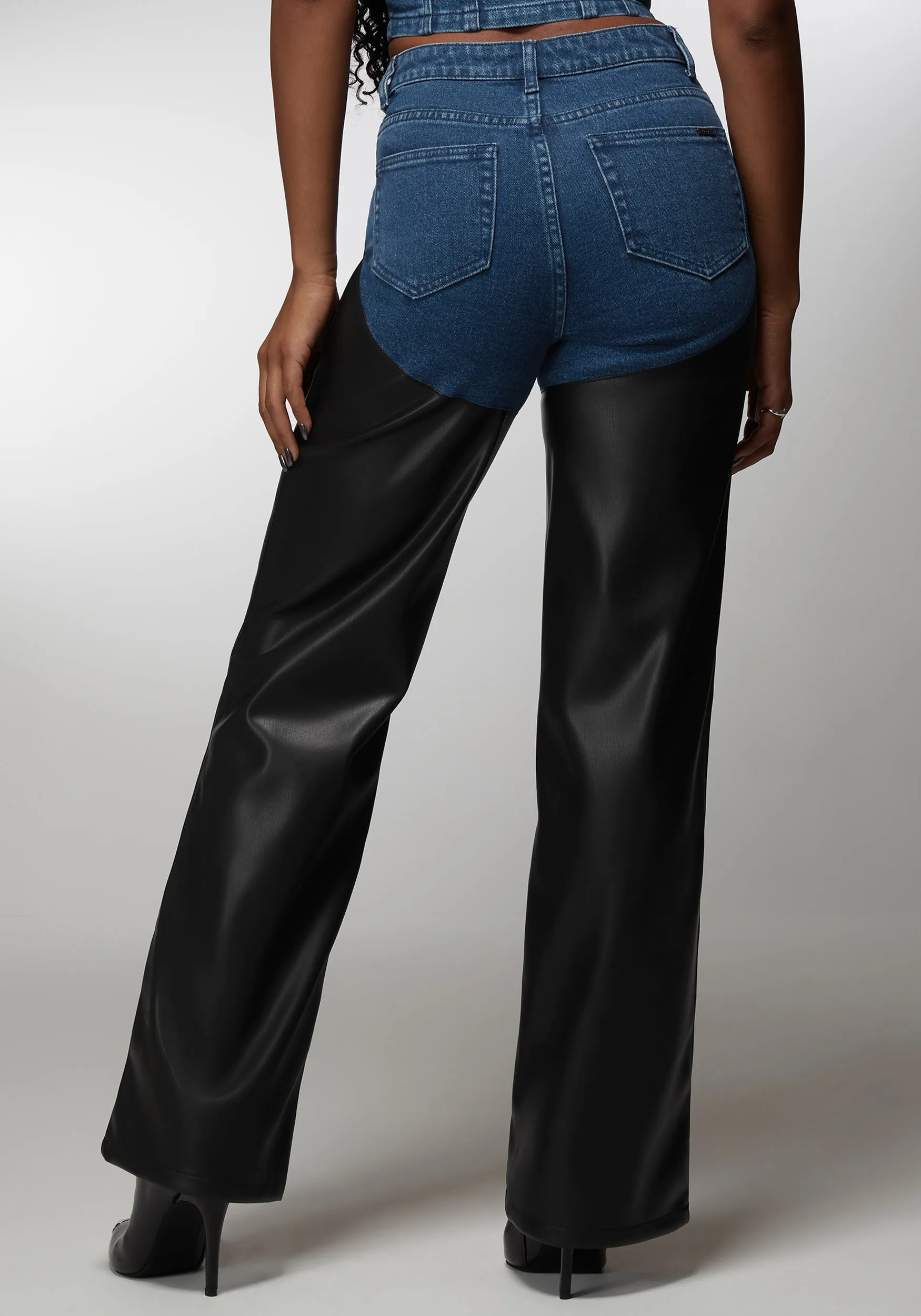 High Waist Vegan Leather Combo Wide Leg Jean