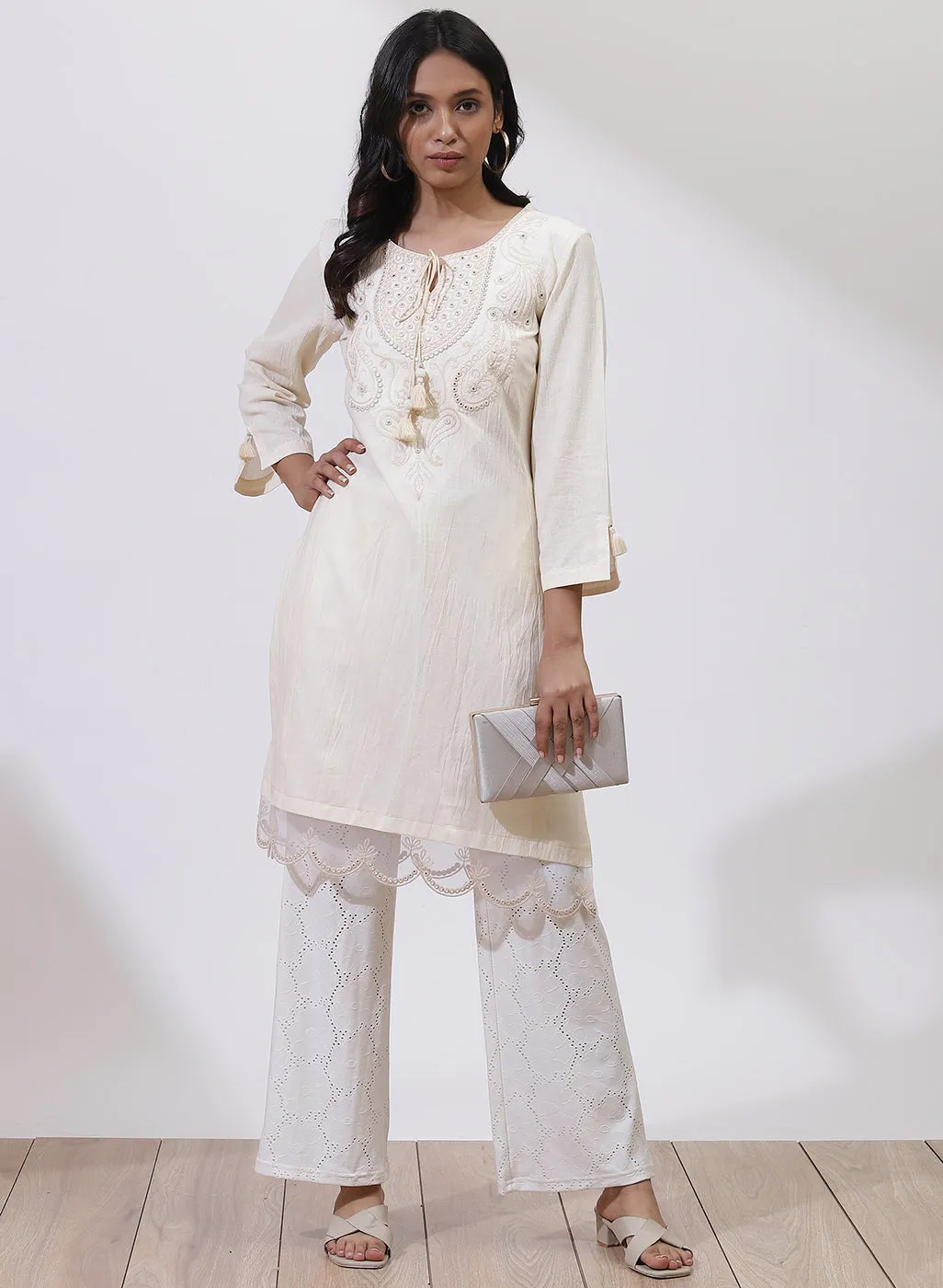 Ivory A-Line Kurta with Delicate Embroidery