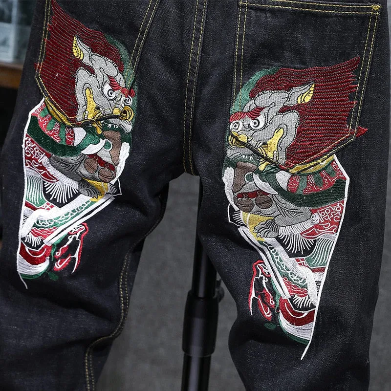 Japanese Beats Classic Embroidery Men Slim Fit Jeans