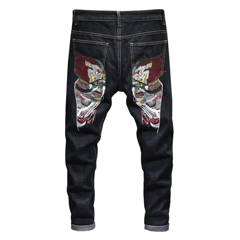 Japanese Beats Classic Embroidery Men Slim Fit Jeans