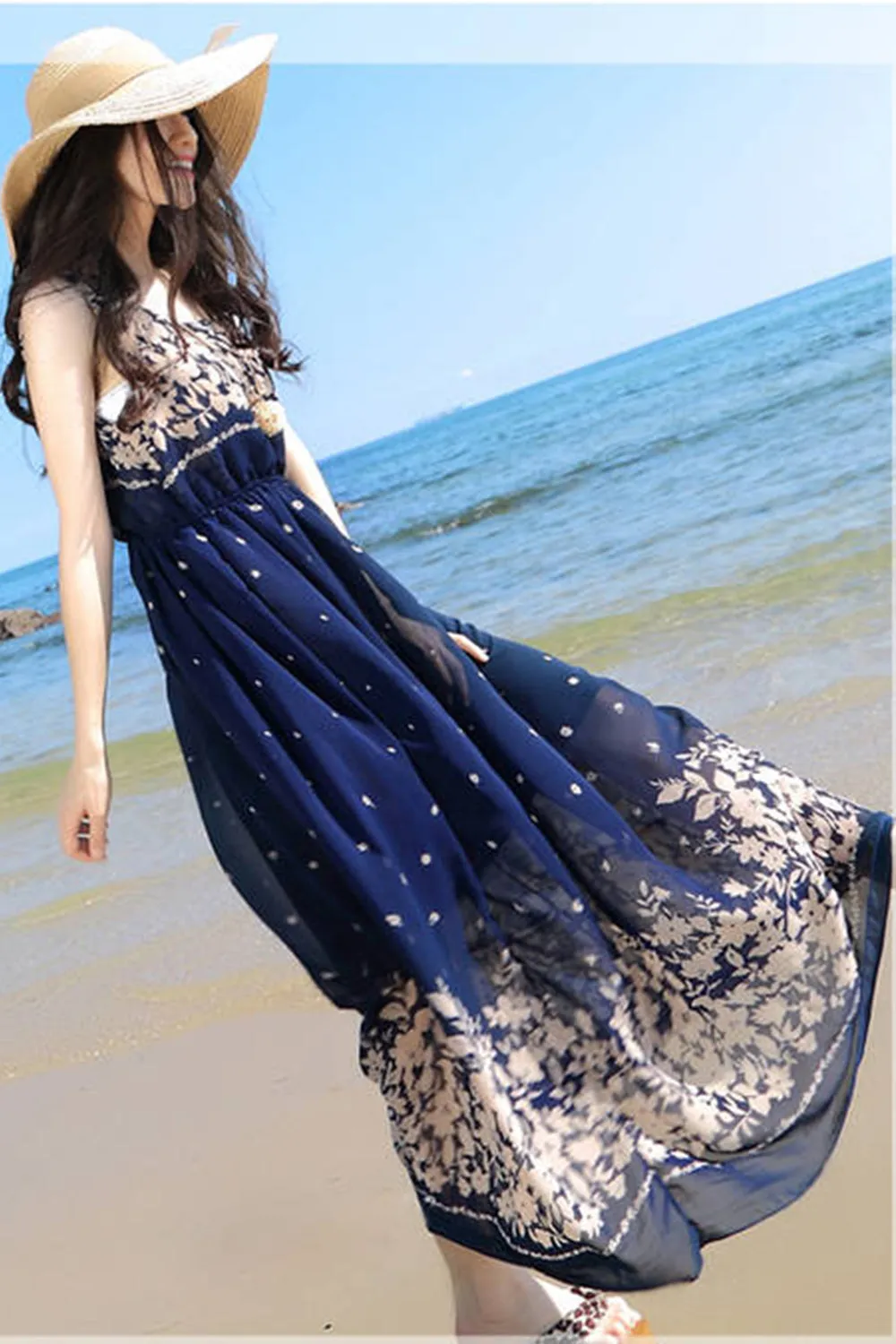 Ketty More Women Printed Floral Long Pleated Waist Chiffon Maxi Dress-KMWD412