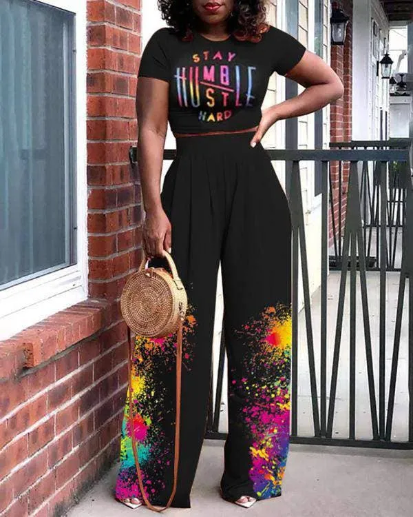 Letter print tshirt ink splash wide legs pants set