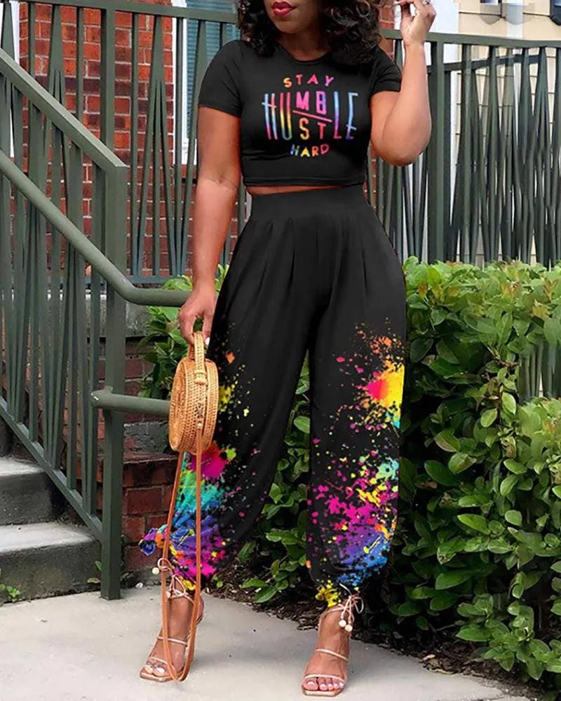 Letter print tshirt ink splash wide legs pants set