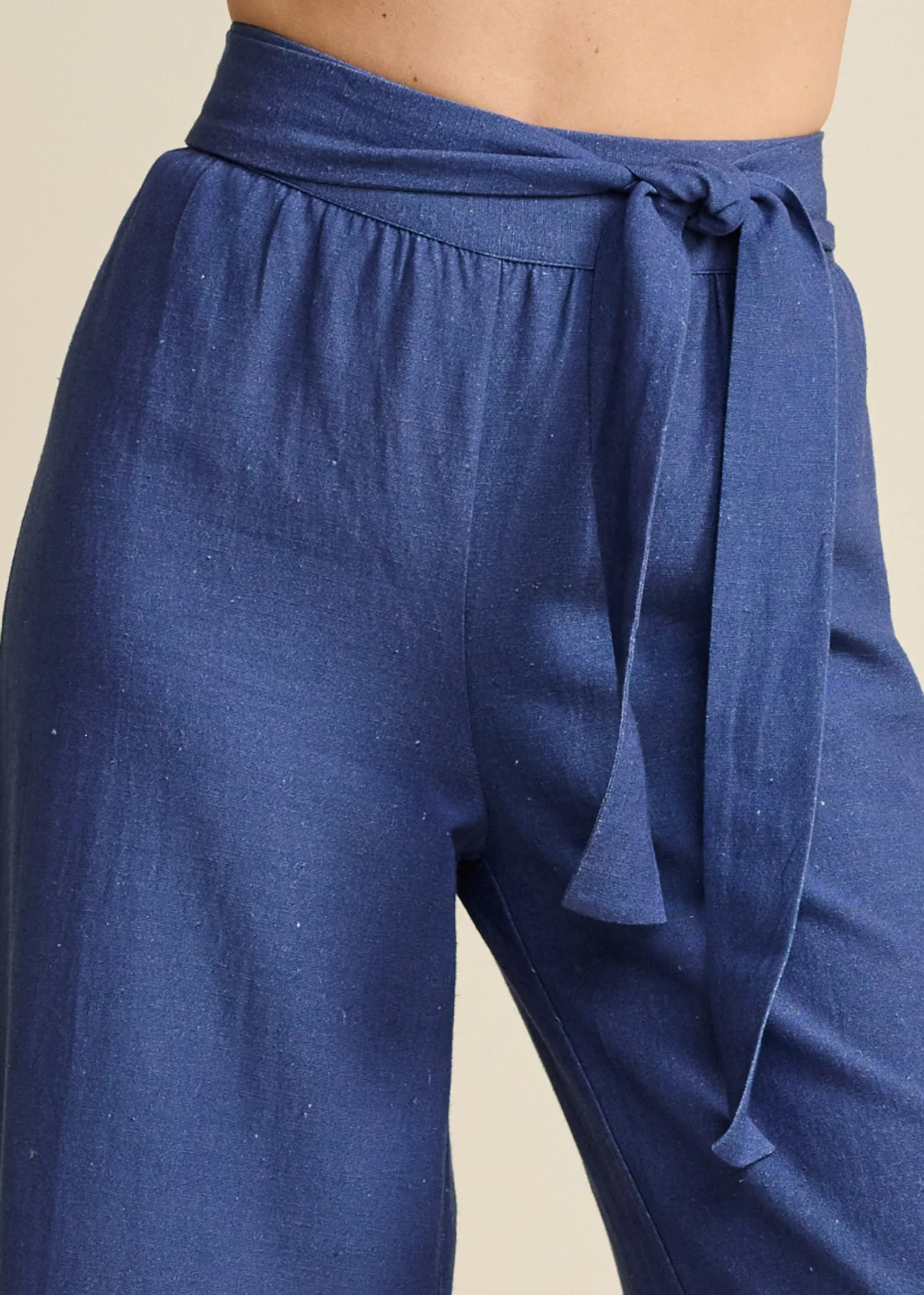 Linen Border Print Pants - Navy Multi